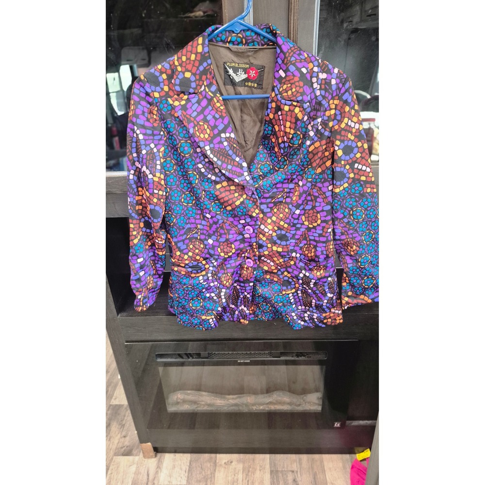 Plum Blossom Vintage Mosaic Print Blazer Jacket Purple Orange Multi-Color Lined - Picture 3 of 14